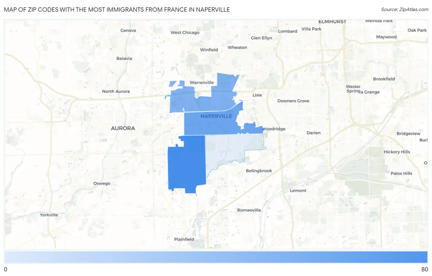 Zip Codes with the Most Immigrants from France in Naperville Map