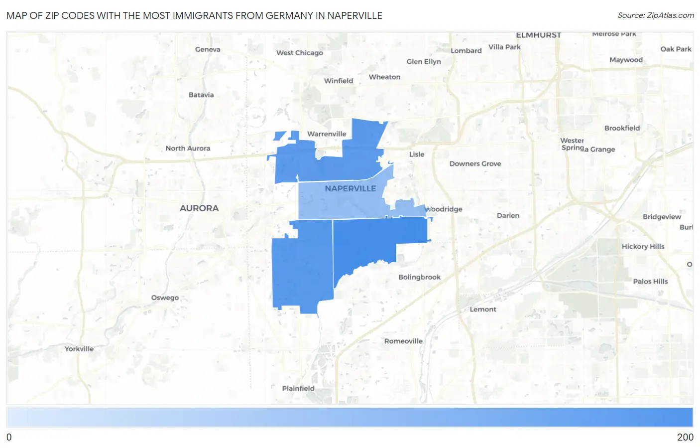 Zip Codes with the Most Immigrants from Germany in Naperville Map