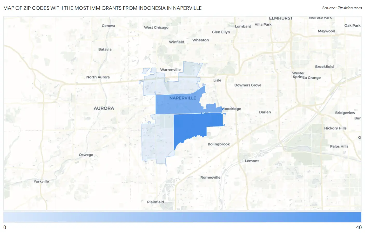 Zip Codes with the Most Immigrants from Indonesia in Naperville Map