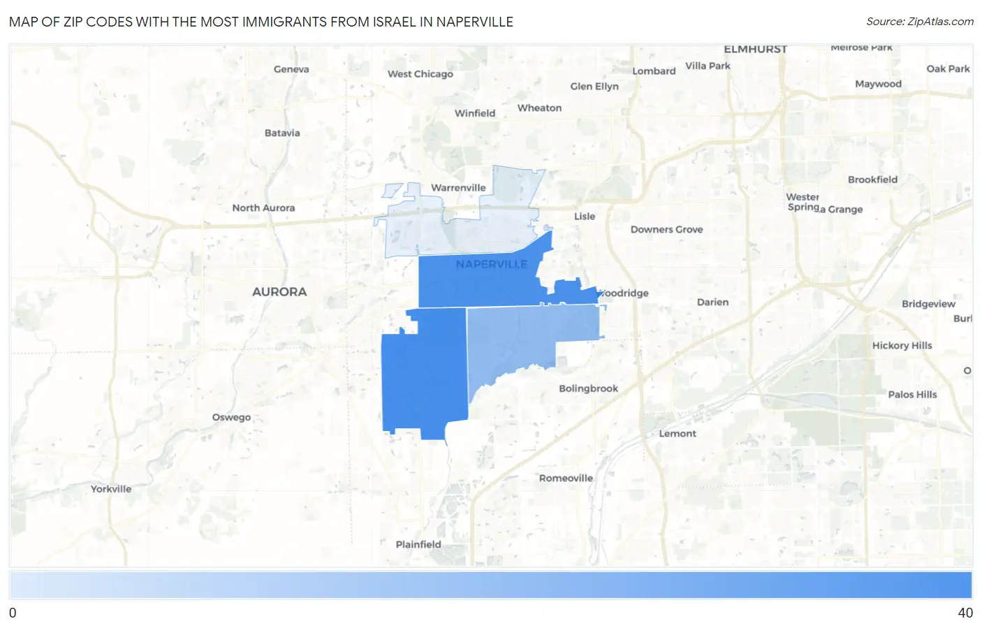 Zip Codes with the Most Immigrants from Israel in Naperville Map
