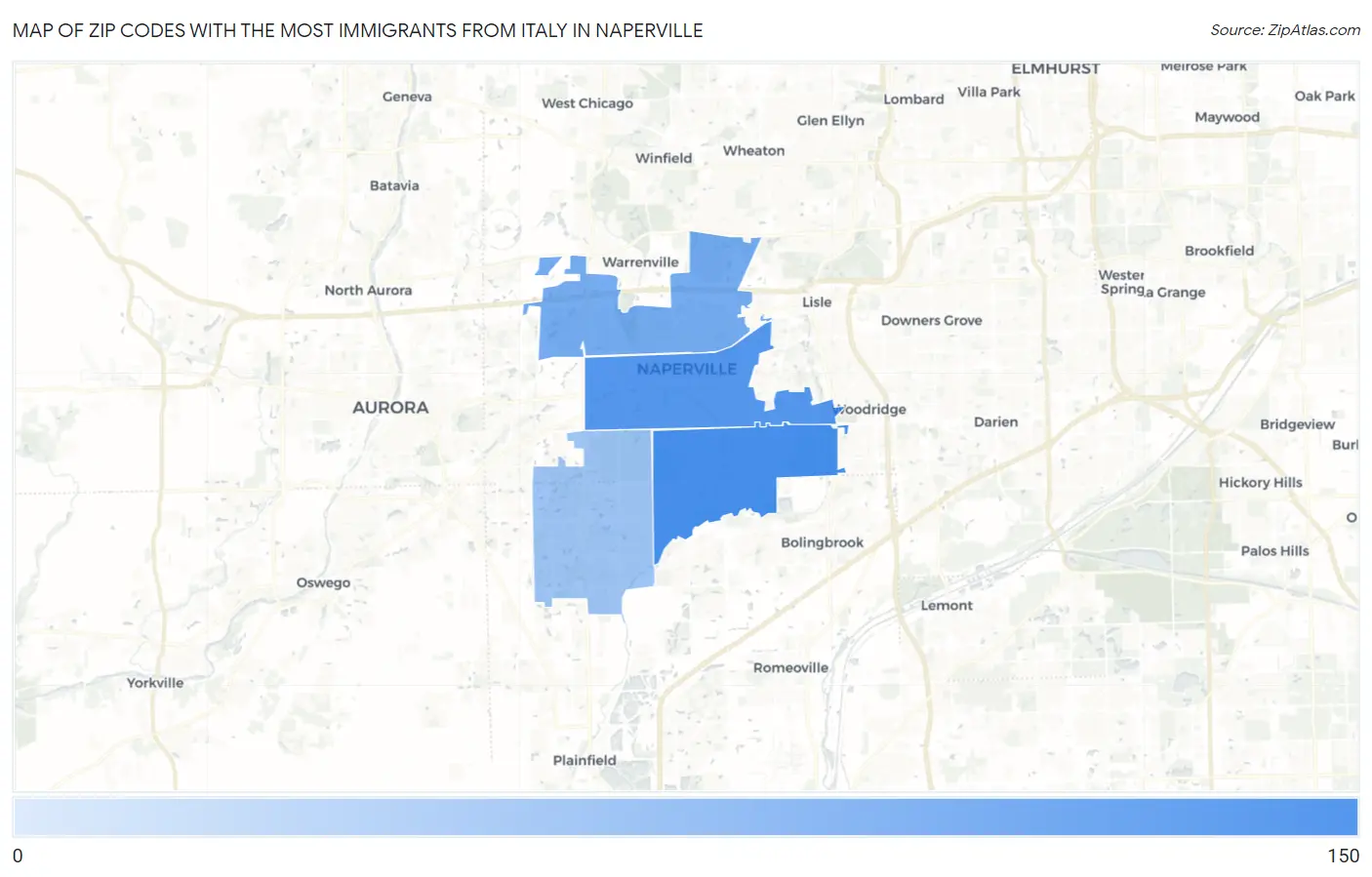 Zip Codes with the Most Immigrants from Italy in Naperville Map