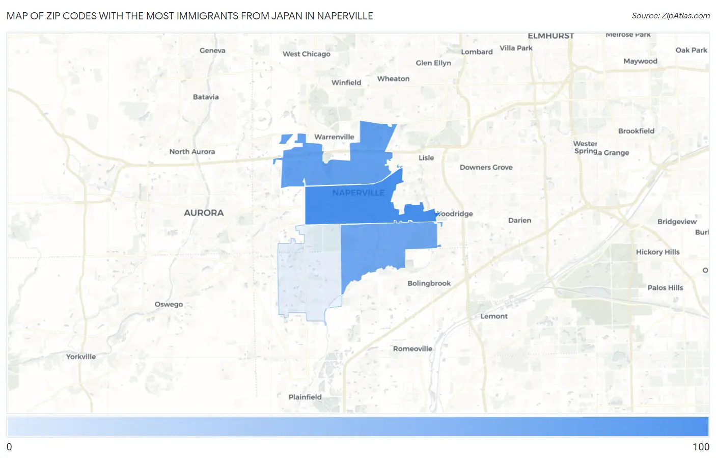 Zip Codes with the Most Immigrants from Japan in Naperville Map