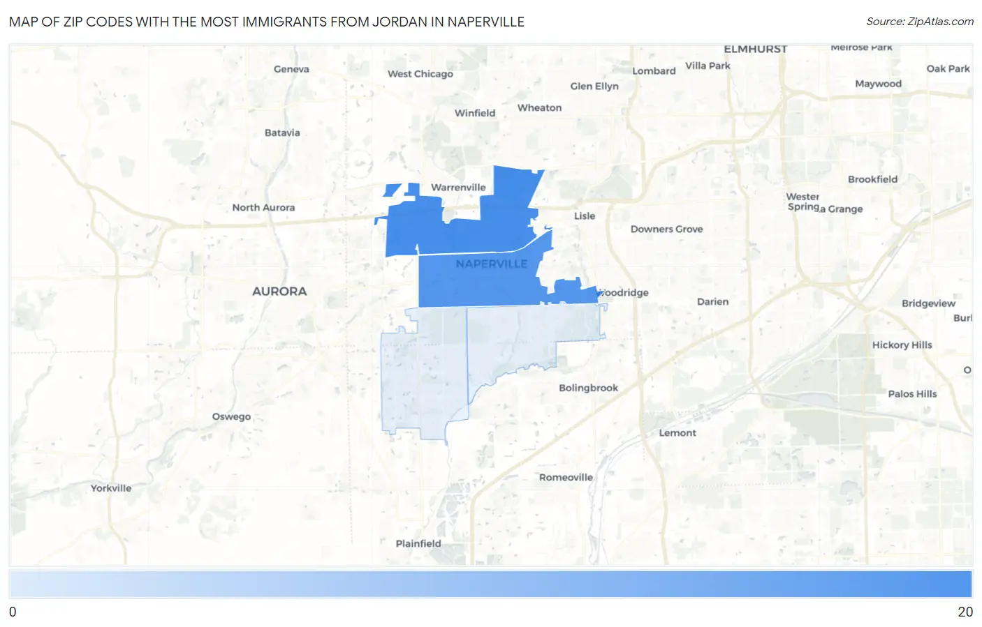 Zip Codes with the Most Immigrants from Jordan in Naperville Map