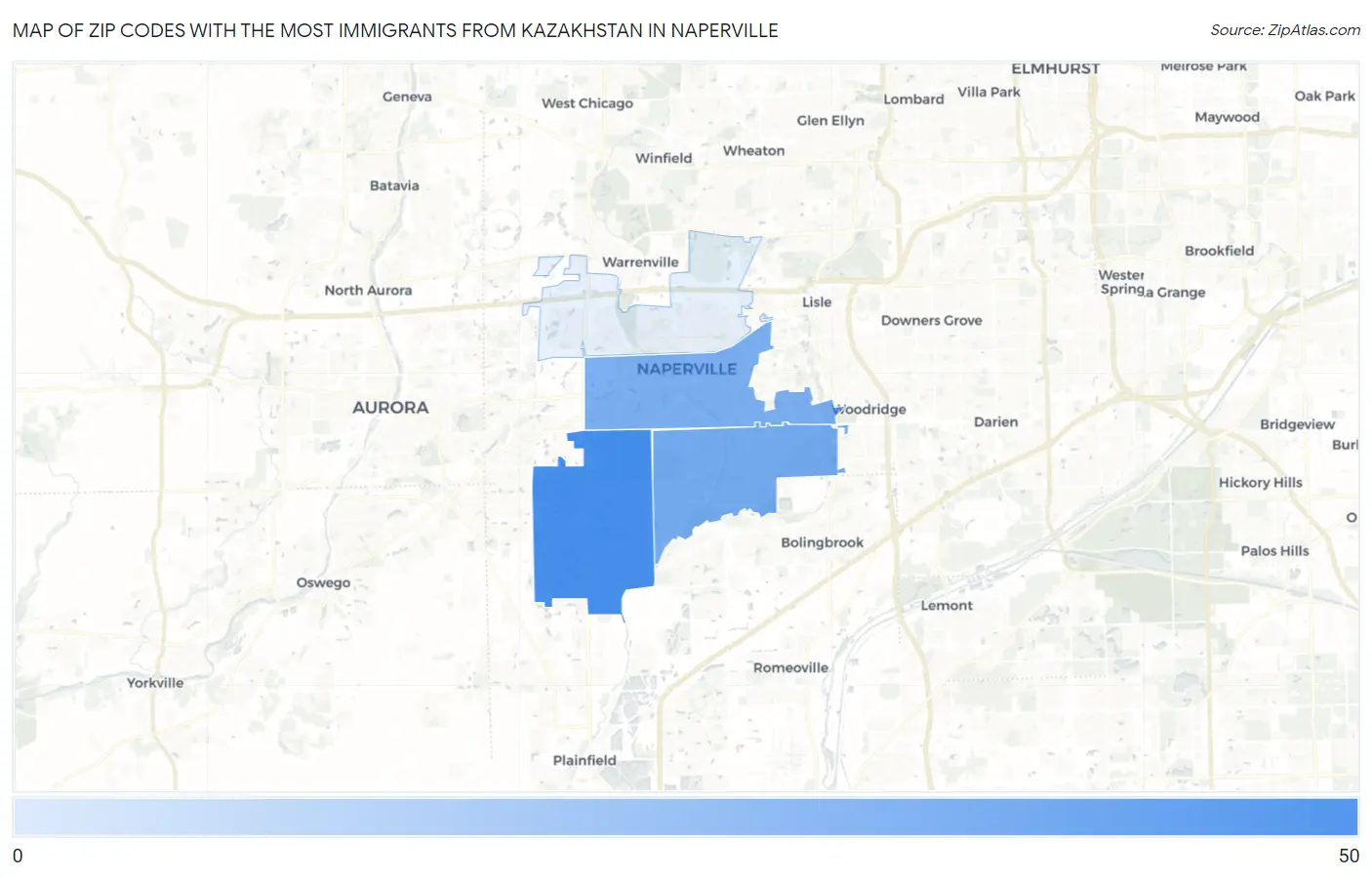 Zip Codes with the Most Immigrants from Kazakhstan in Naperville Map