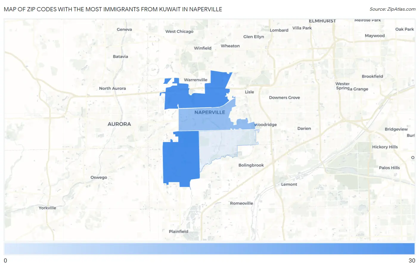 Zip Codes with the Most Immigrants from Kuwait in Naperville Map
