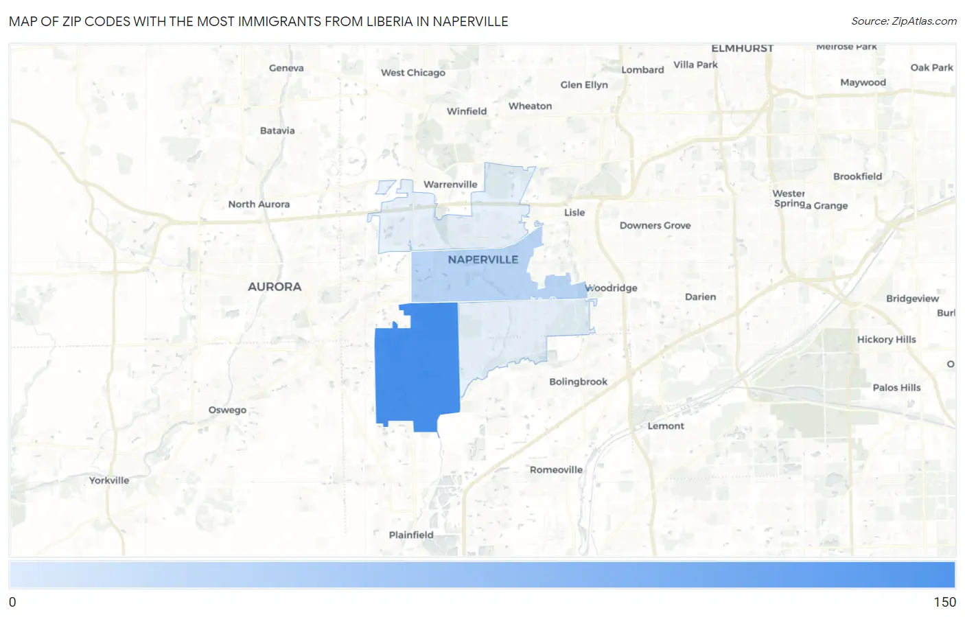 Zip Codes with the Most Immigrants from Liberia in Naperville Map