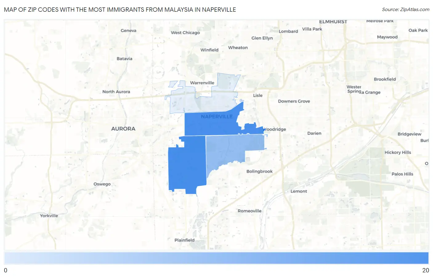 Zip Codes with the Most Immigrants from Malaysia in Naperville Map