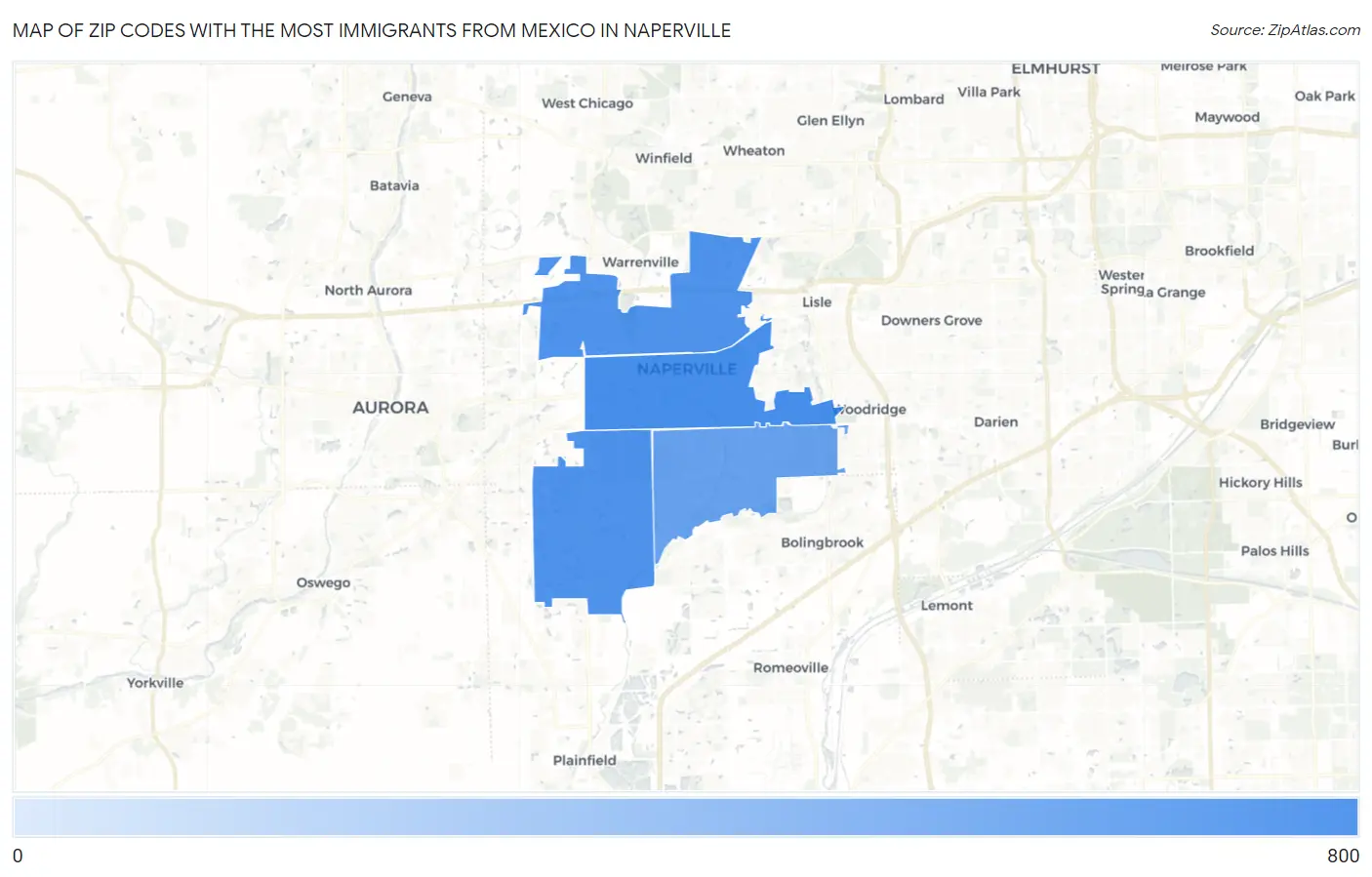 Zip Codes with the Most Immigrants from Mexico in Naperville Map