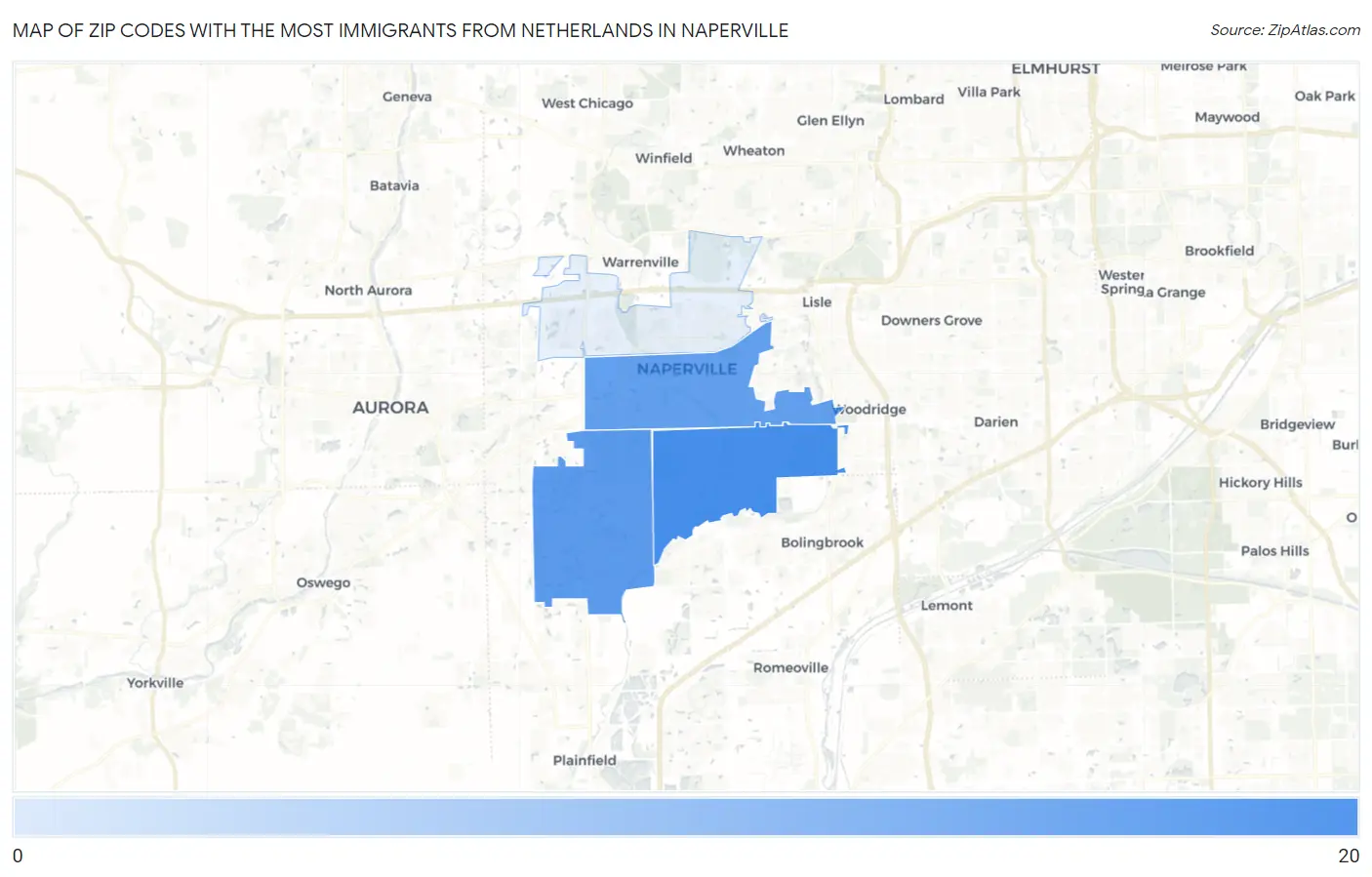 Zip Codes with the Most Immigrants from Netherlands in Naperville Map