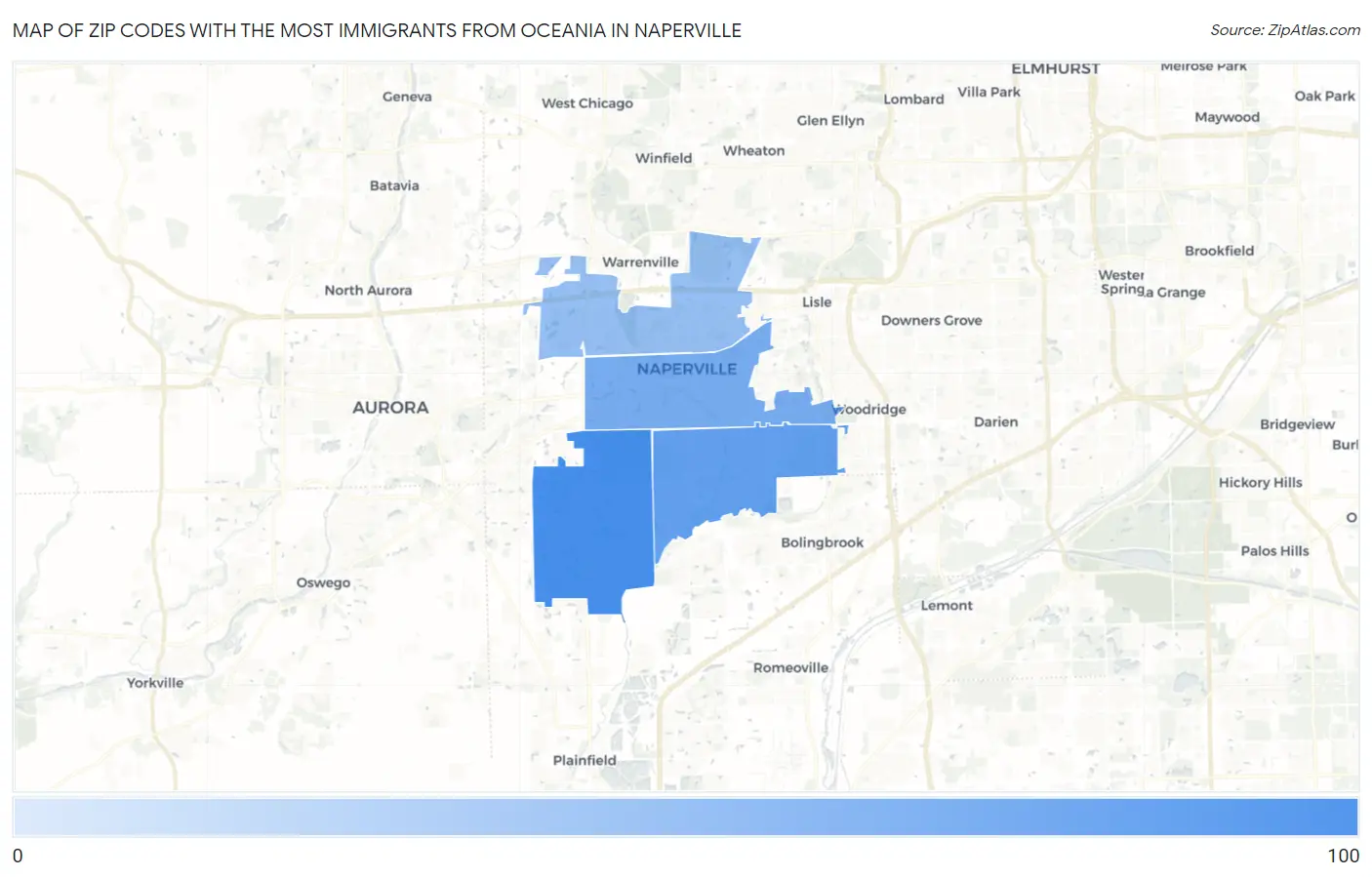 Zip Codes with the Most Immigrants from Oceania in Naperville Map