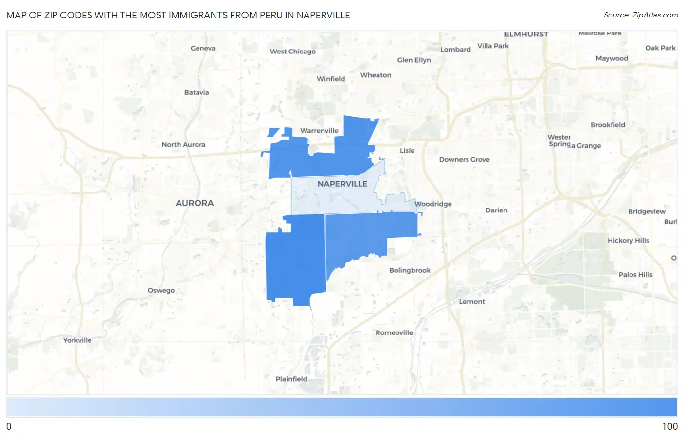 Zip Codes with the Most Immigrants from Peru in Naperville Map