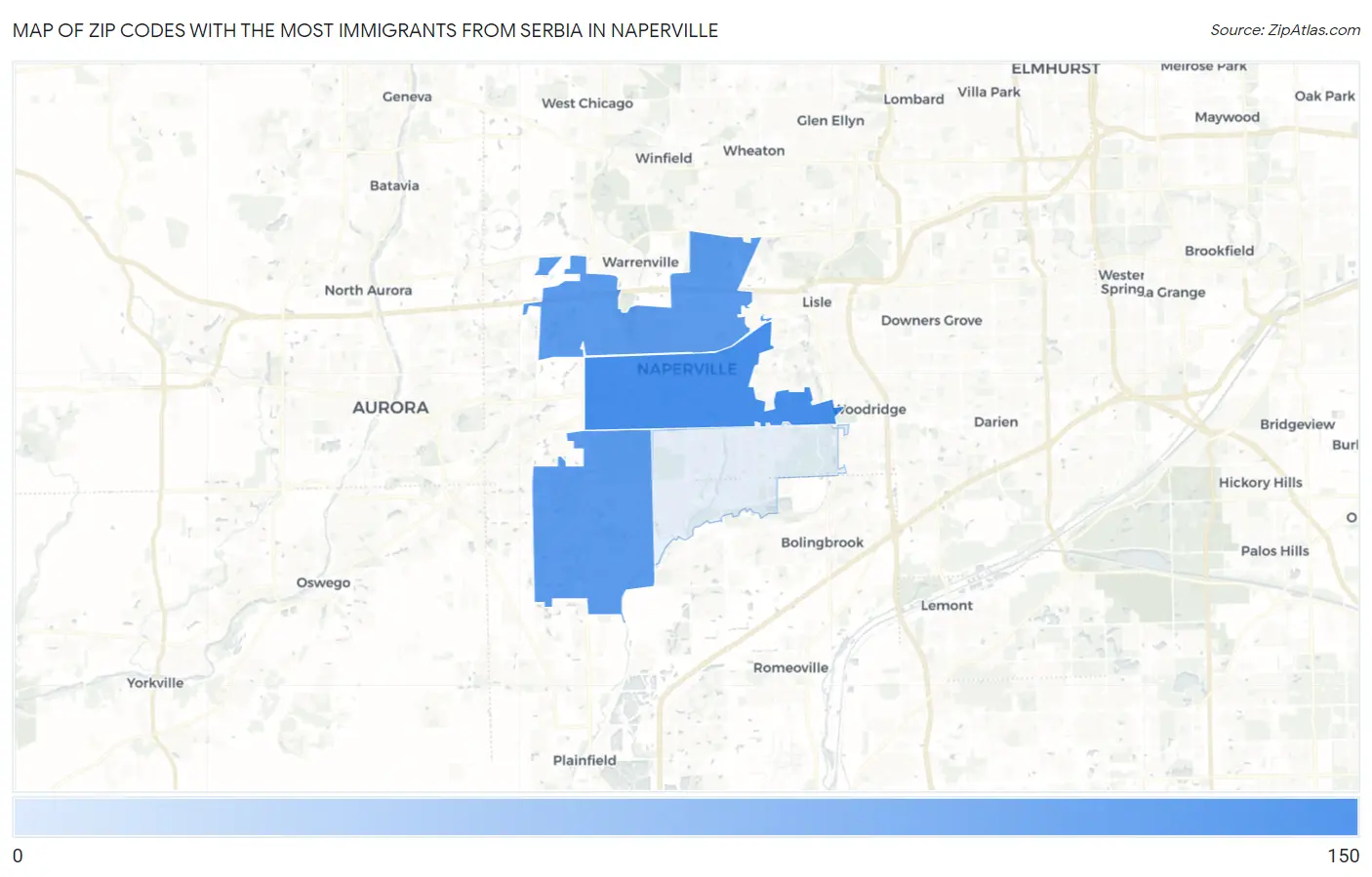 Zip Codes with the Most Immigrants from Serbia in Naperville Map