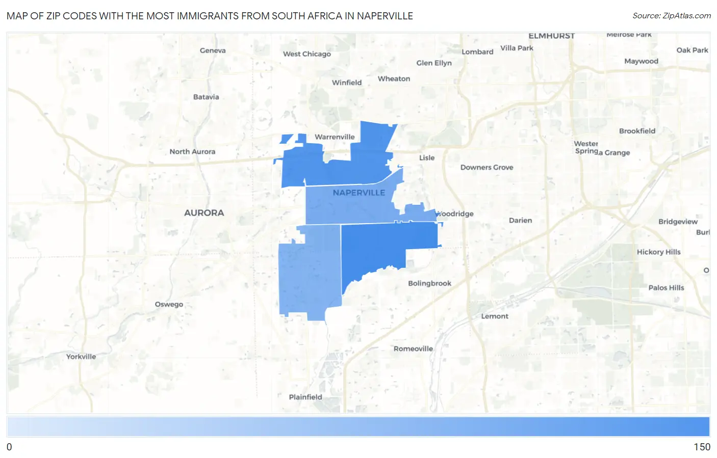 Zip Codes with the Most Immigrants from South Africa in Naperville Map