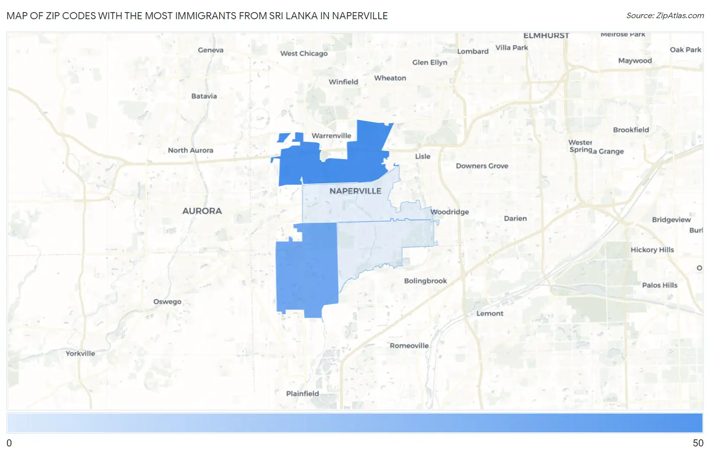 Zip Codes with the Most Immigrants from Sri Lanka in Naperville Map