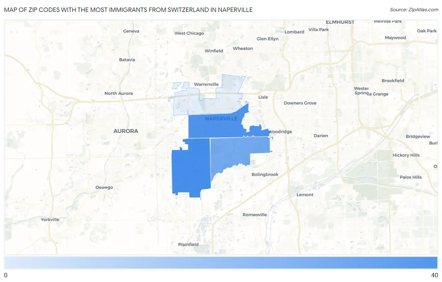 Zip Codes with the Most Immigrants from Switzerland in Naperville Map