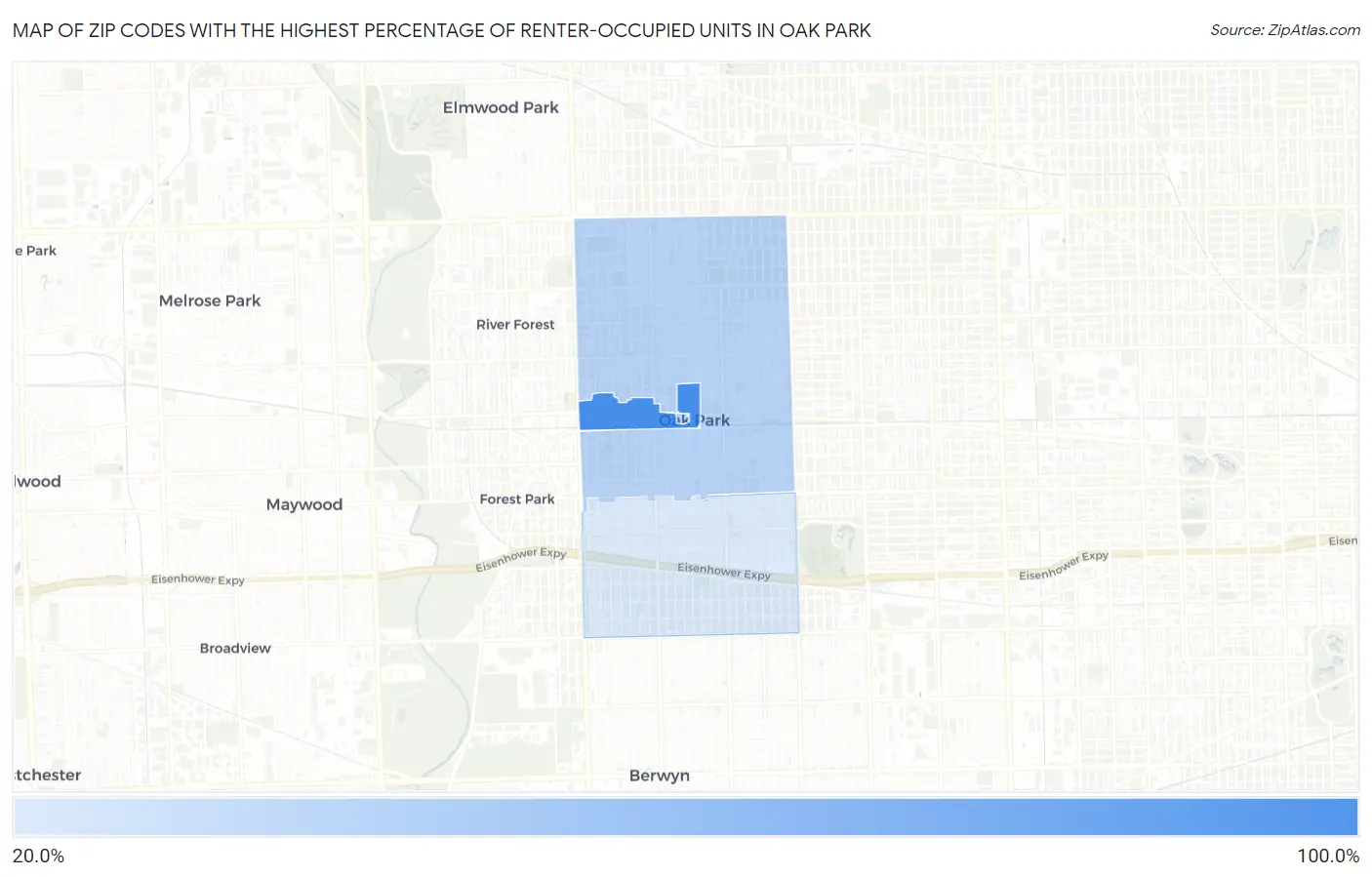Zip Codes with the Highest Percentage of Renter-Occupied Units in Oak Park Map