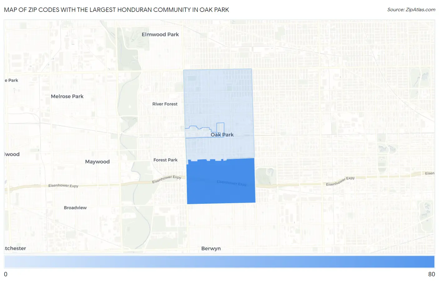 Zip Codes with the Largest Honduran Community in Oak Park Map