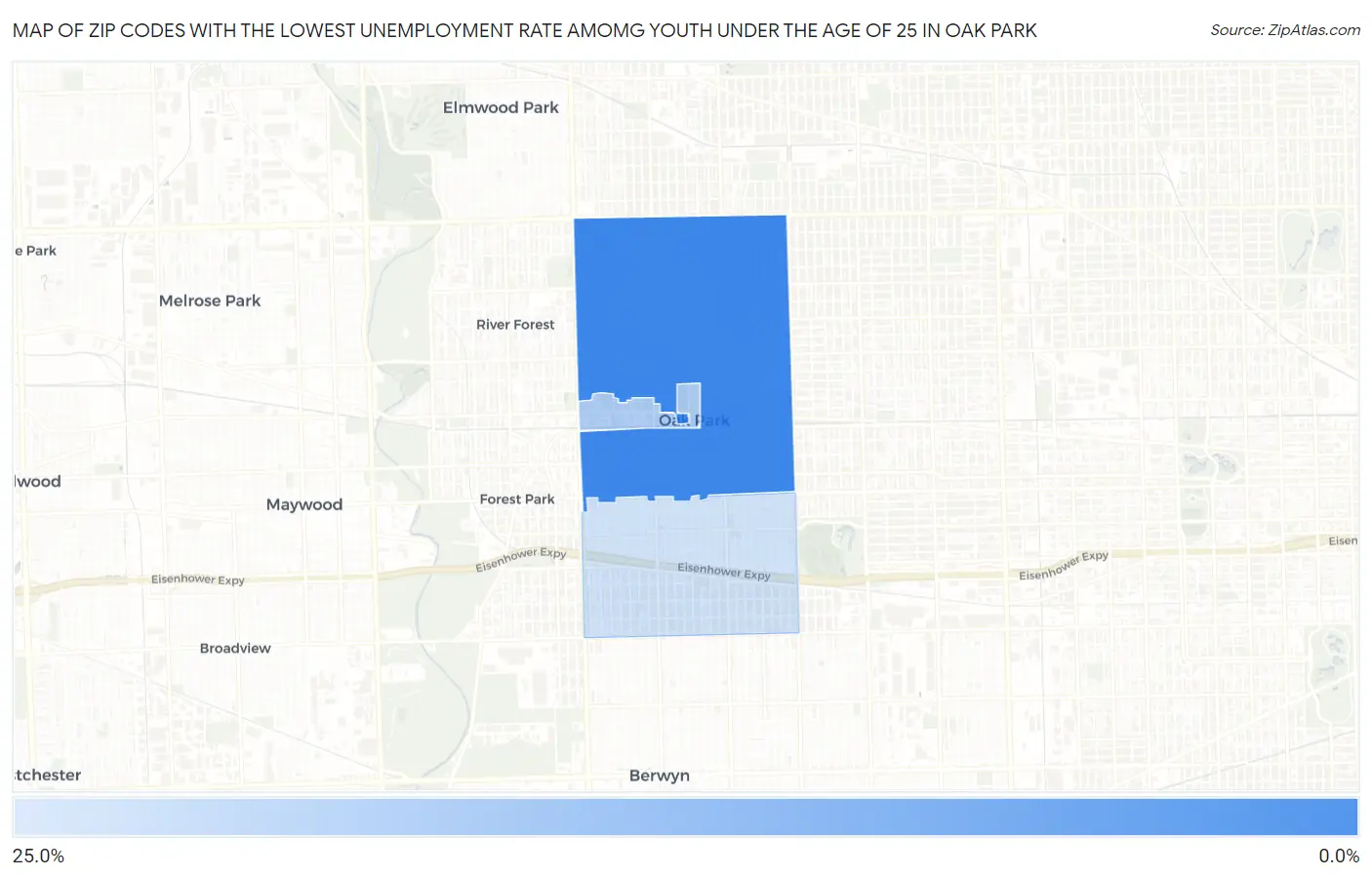 Zip Codes with the Lowest Unemployment Rate Amomg Youth Under the Age of 25 in Oak Park Map