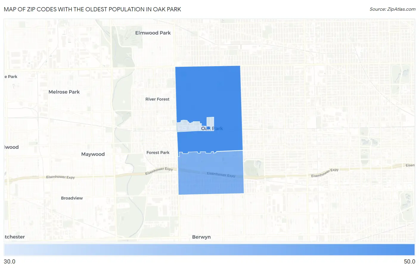 Zip Codes with the Oldest Population in Oak Park Map
