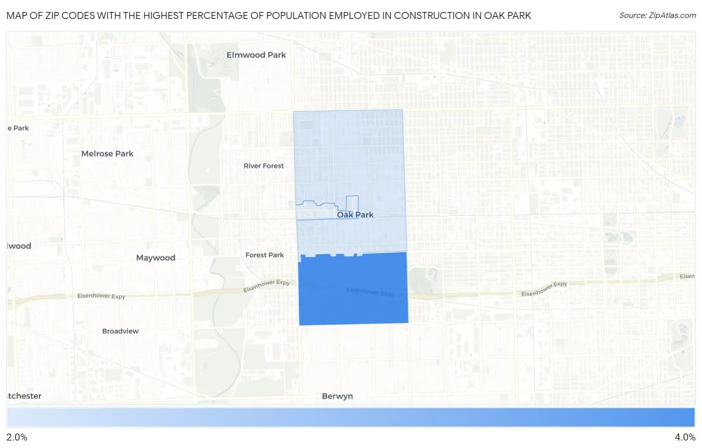 Zip Codes with the Highest Percentage of Population Employed in Construction in Oak Park Map
