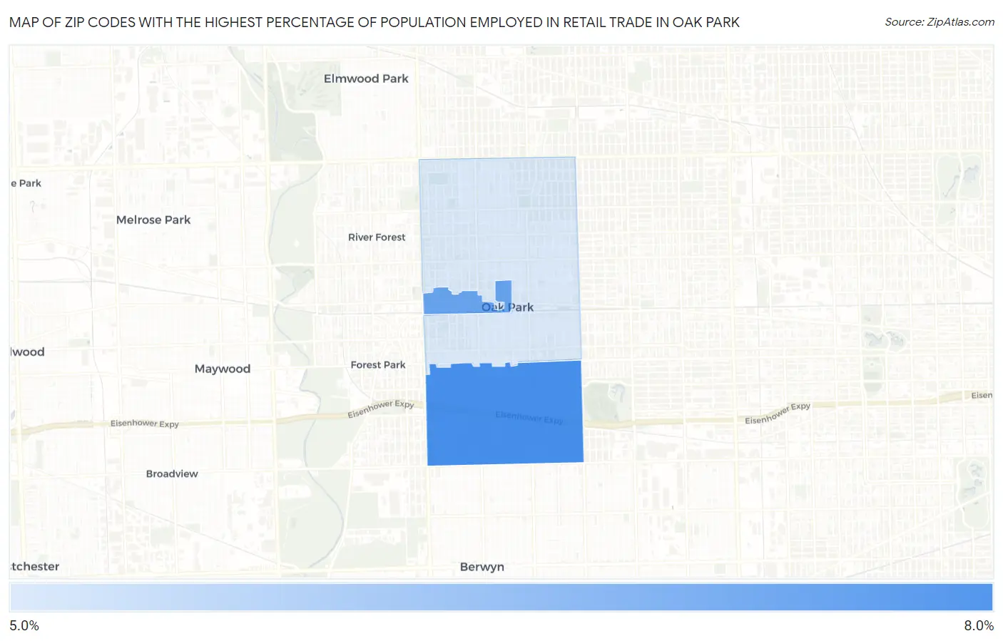 Zip Codes with the Highest Percentage of Population Employed in Retail Trade in Oak Park Map