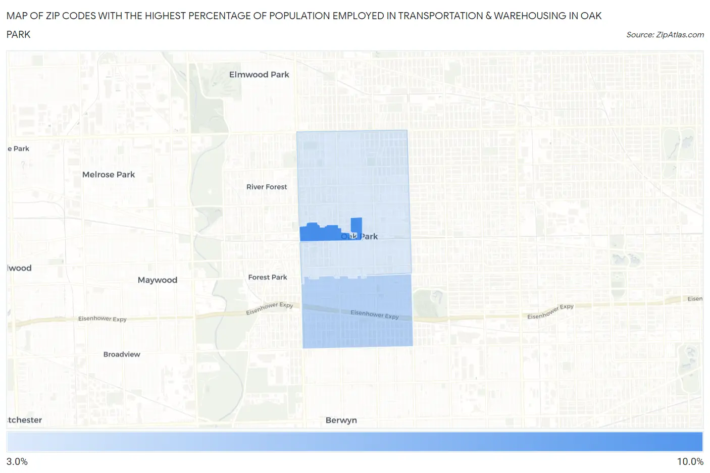 Zip Codes with the Highest Percentage of Population Employed in Transportation & Warehousing in Oak Park Map