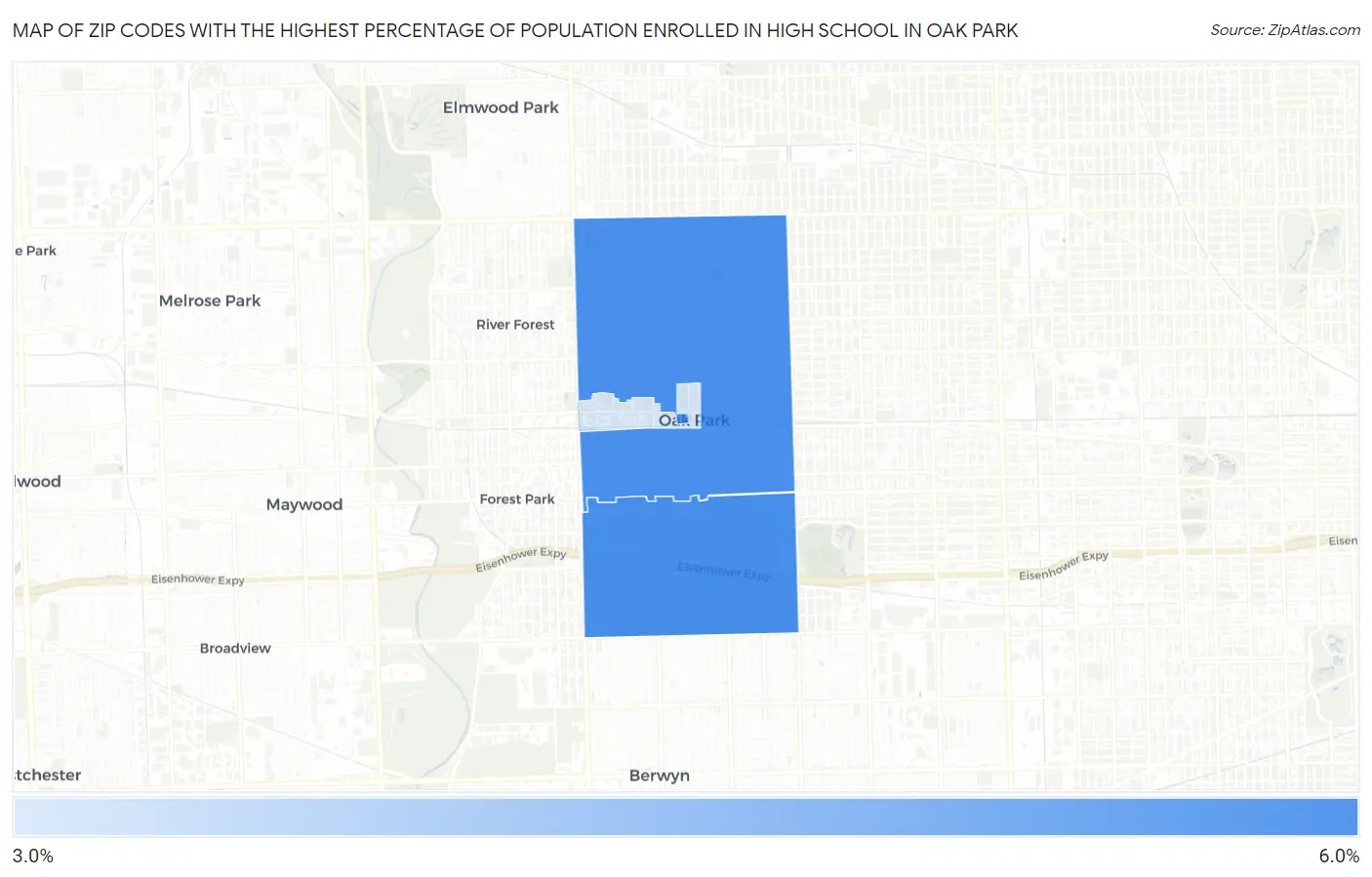 Zip Codes with the Highest Percentage of Population Enrolled in High School in Oak Park Map