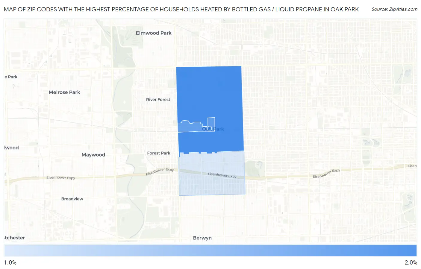 Zip Codes with the Highest Percentage of Households Heated by Bottled Gas / Liquid Propane in Oak Park Map