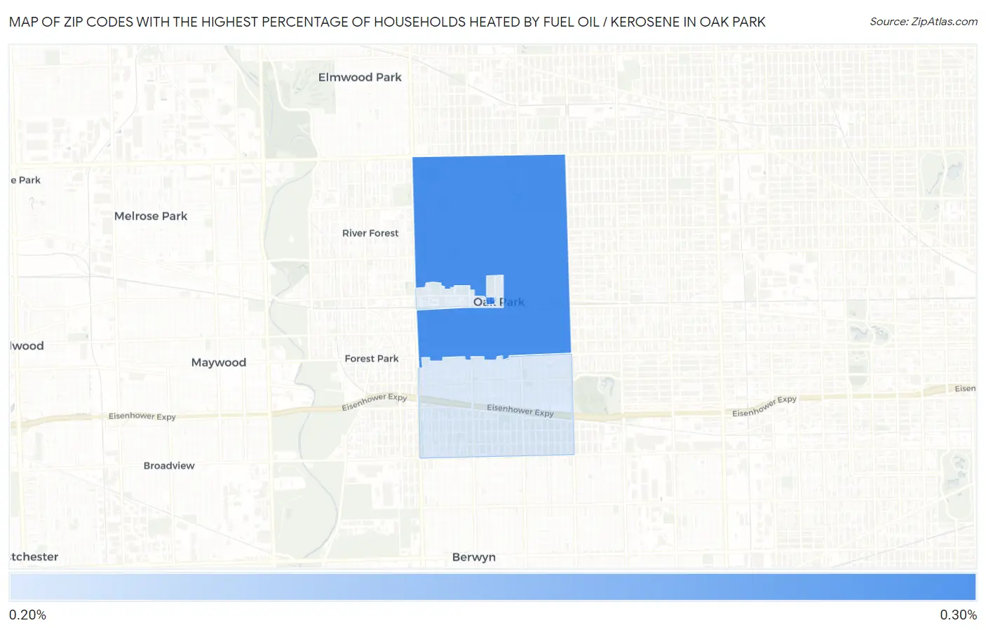 Zip Codes with the Highest Percentage of Households Heated by Fuel Oil / Kerosene in Oak Park Map