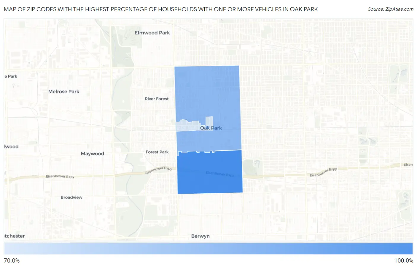Zip Codes with the Highest Percentage of Households With One or more Vehicles in Oak Park Map