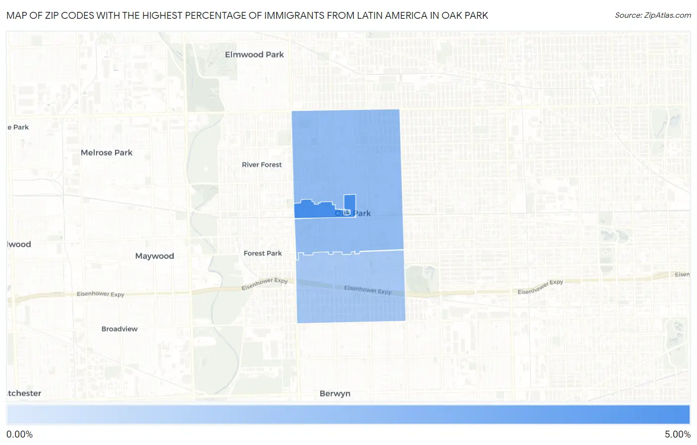 Zip Codes with the Highest Percentage of Immigrants from Latin America in Oak Park Map