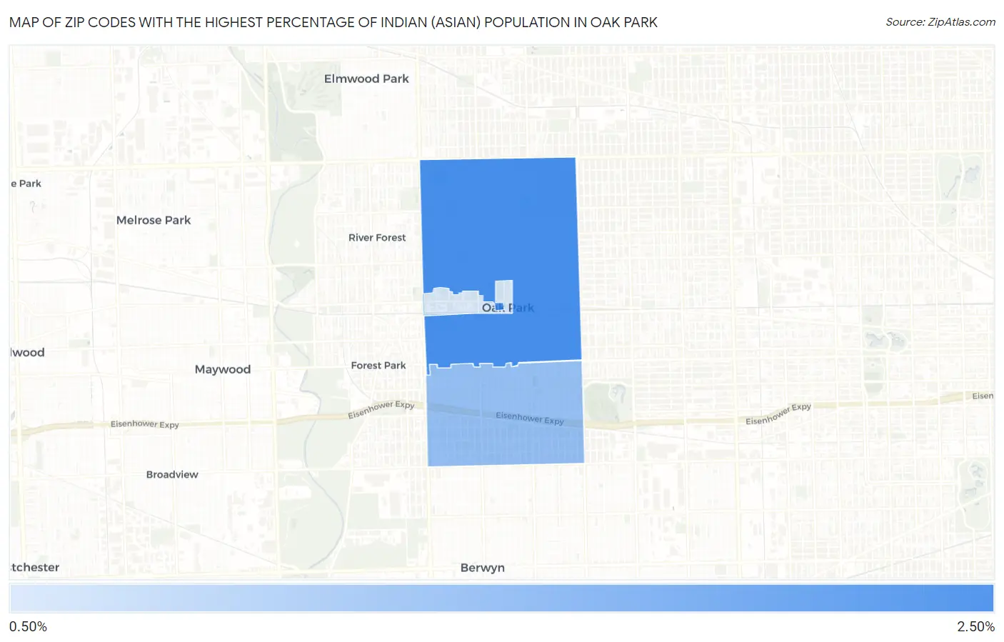 Zip Codes with the Highest Percentage of Indian (Asian) Population in Oak Park Map