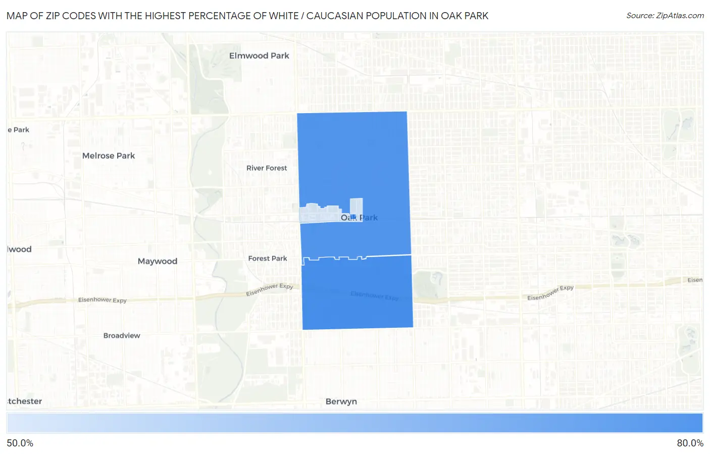 Zip Codes with the Highest Percentage of White / Caucasian Population in Oak Park Map