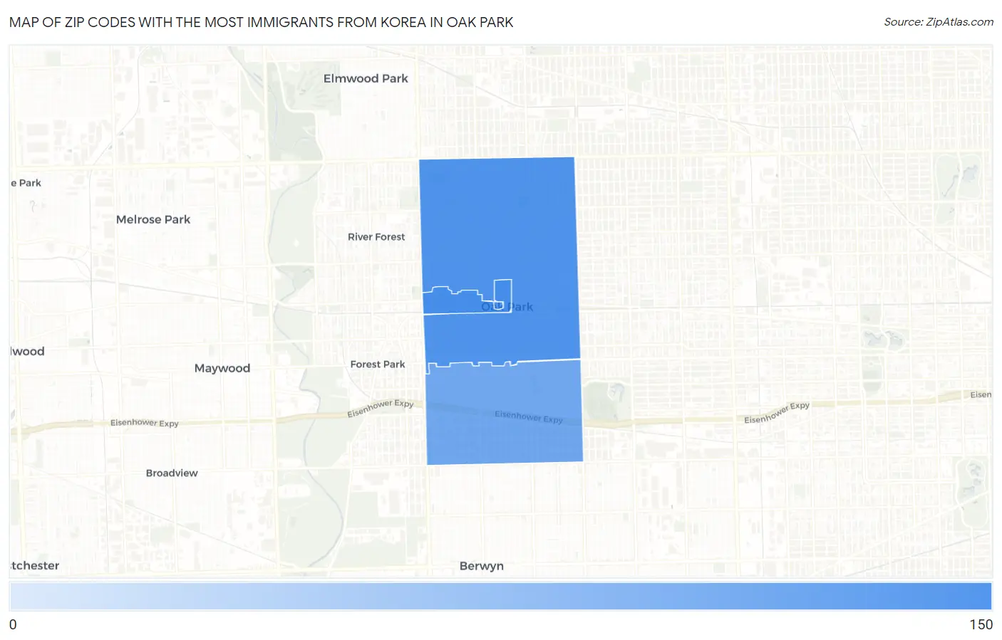 Zip Codes with the Most Immigrants from Korea in Oak Park Map