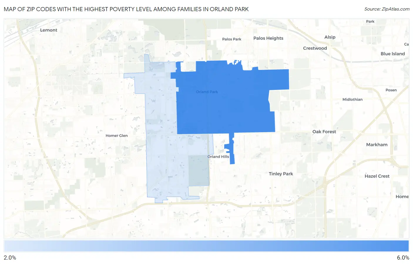 Zip Codes with the Highest Poverty Level Among Families in Orland Park Map