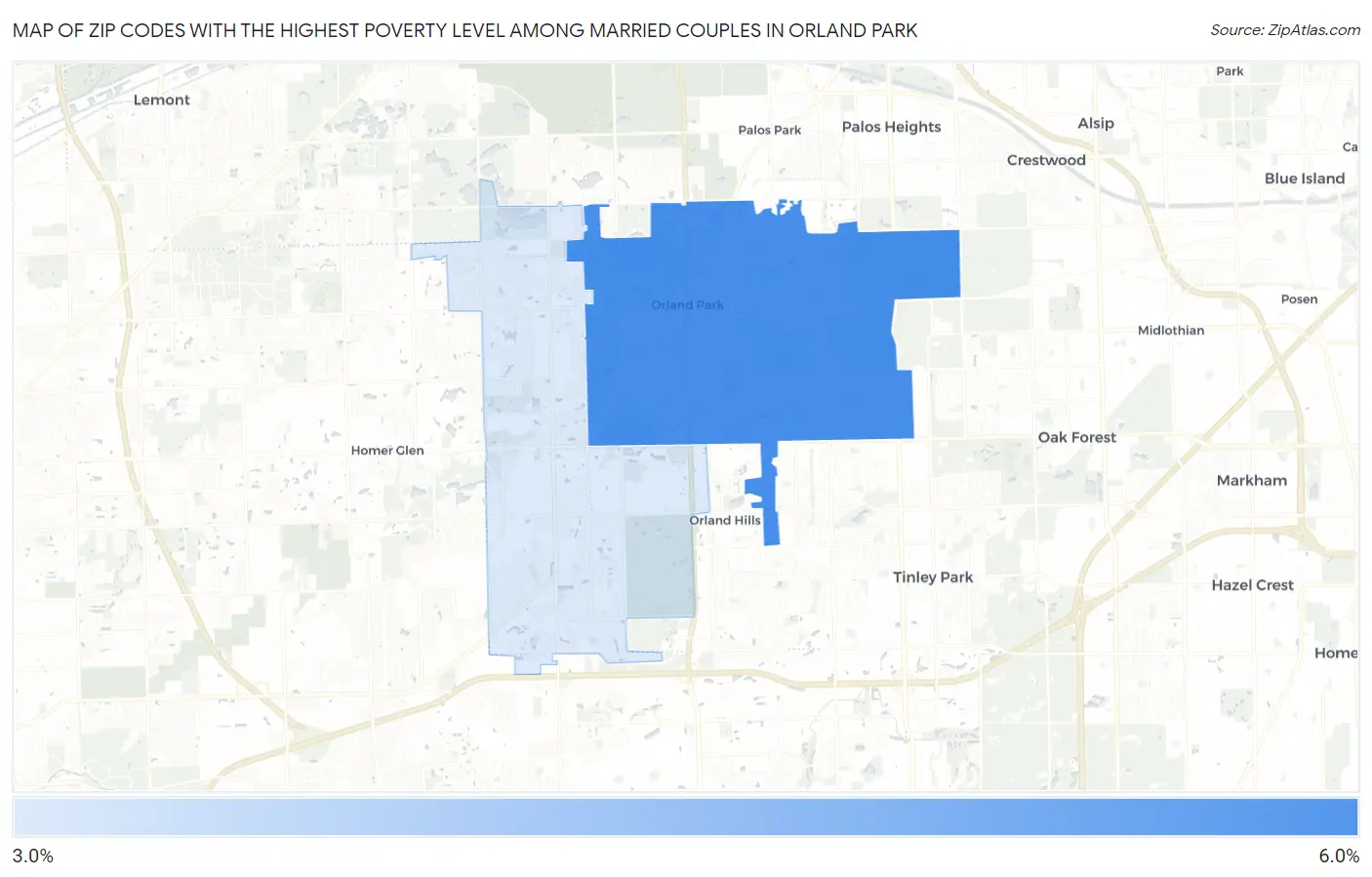 Zip Codes with the Highest Poverty Level Among Married Couples in Orland Park Map