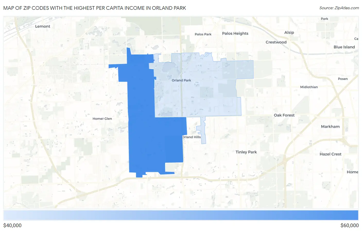 Zip Codes with the Highest Per Capita Income in Orland Park Map