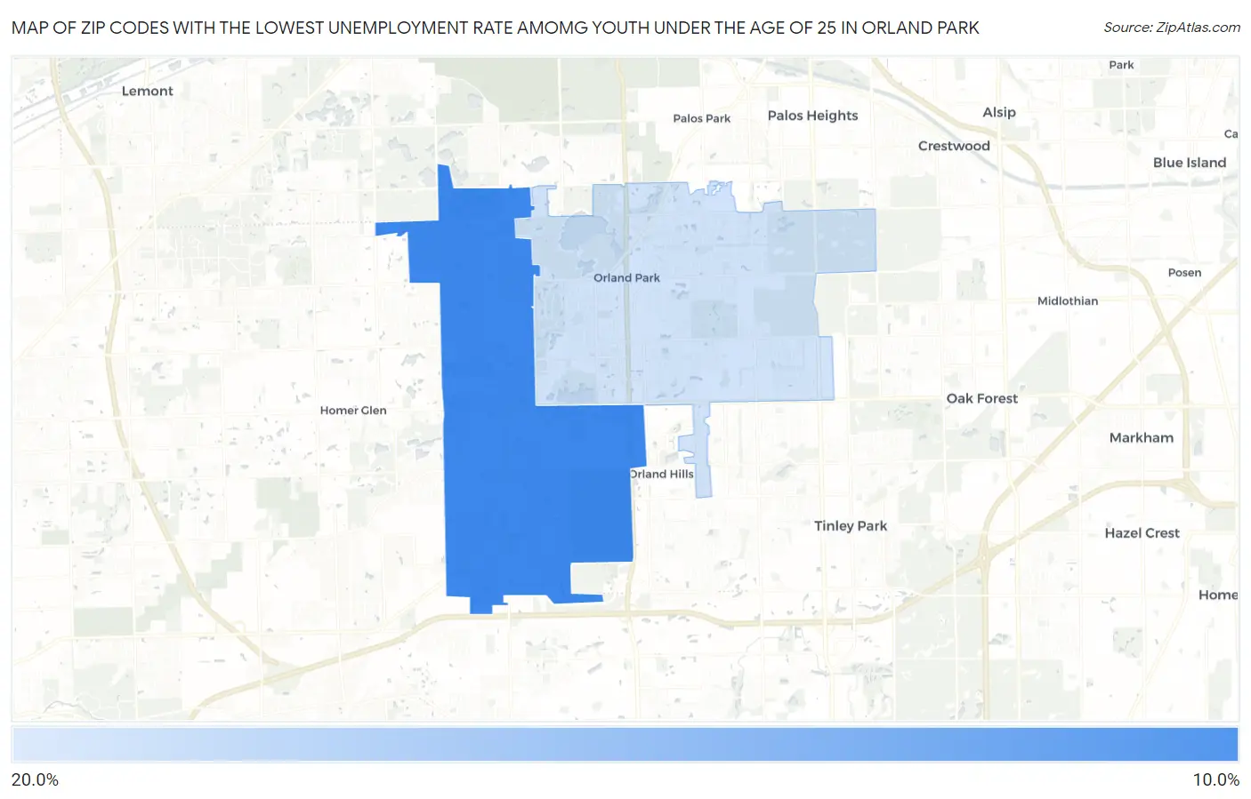 Zip Codes with the Lowest Unemployment Rate Amomg Youth Under the Age of 25 in Orland Park Map