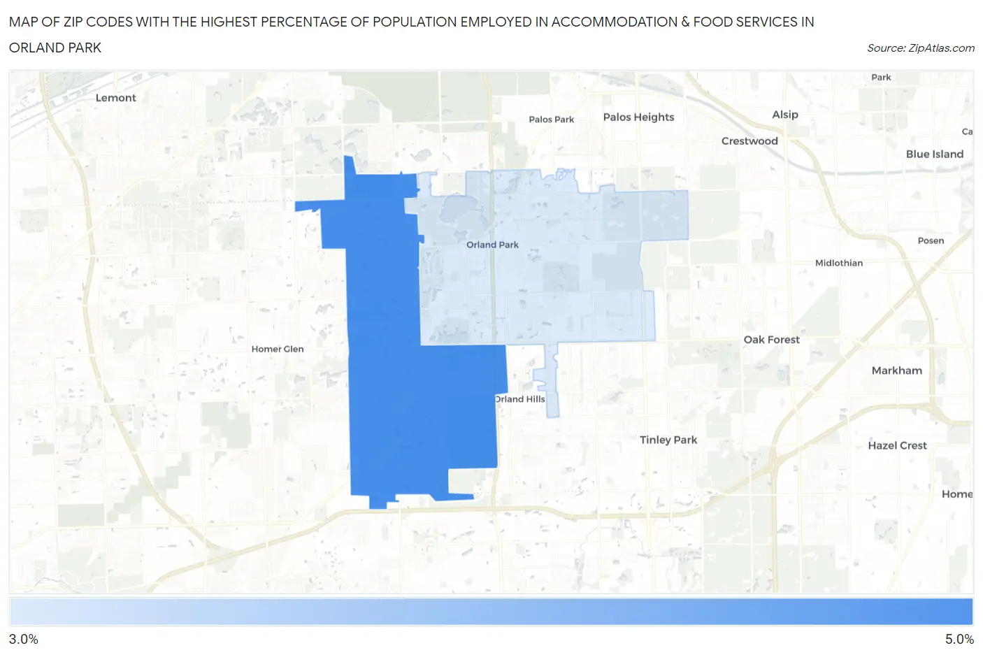 Zip Codes with the Highest Percentage of Population Employed in Accommodation & Food Services in Orland Park Map