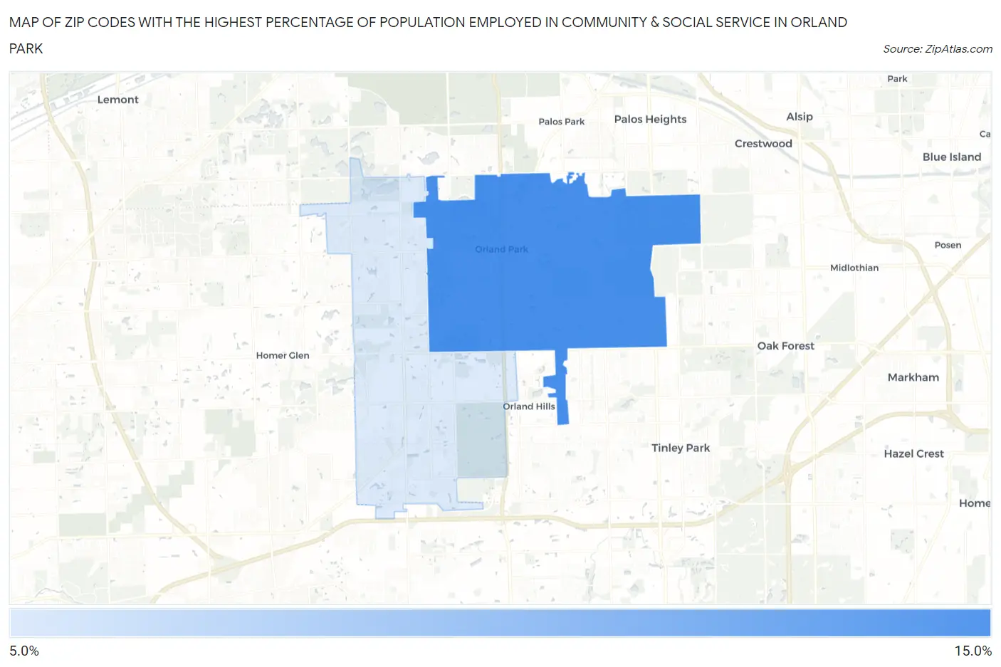 Zip Codes with the Highest Percentage of Population Employed in Community & Social Service  in Orland Park Map