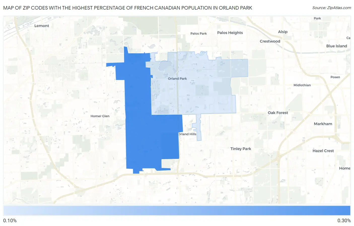 Zip Codes with the Highest Percentage of French Canadian Population in Orland Park Map