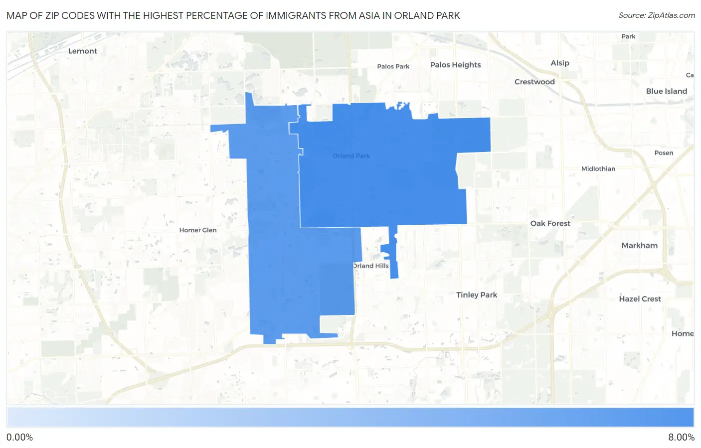 Zip Codes with the Highest Percentage of Immigrants from Asia in Orland Park Map