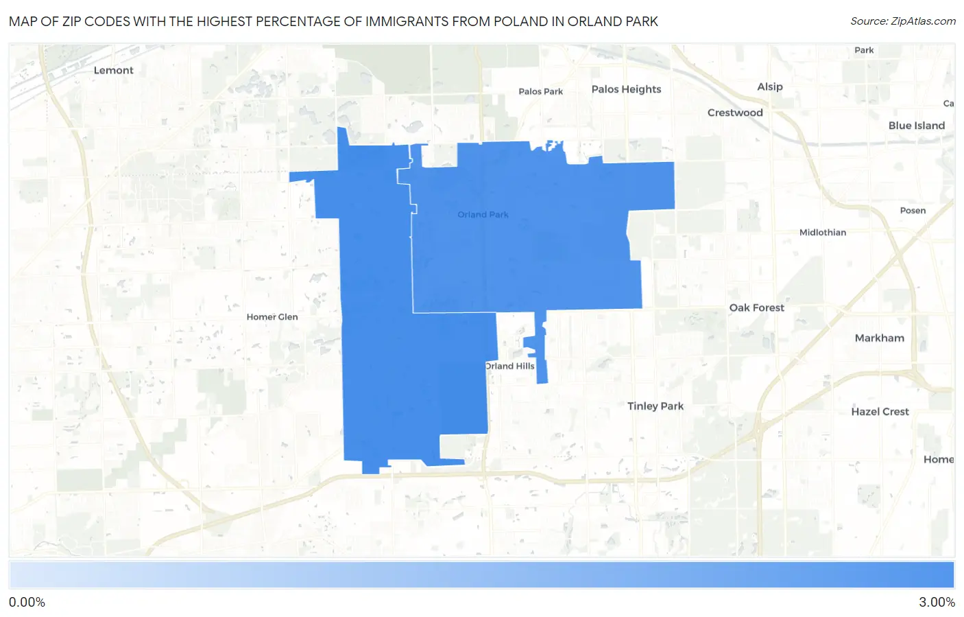 Zip Codes with the Highest Percentage of Immigrants from Poland in Orland Park Map