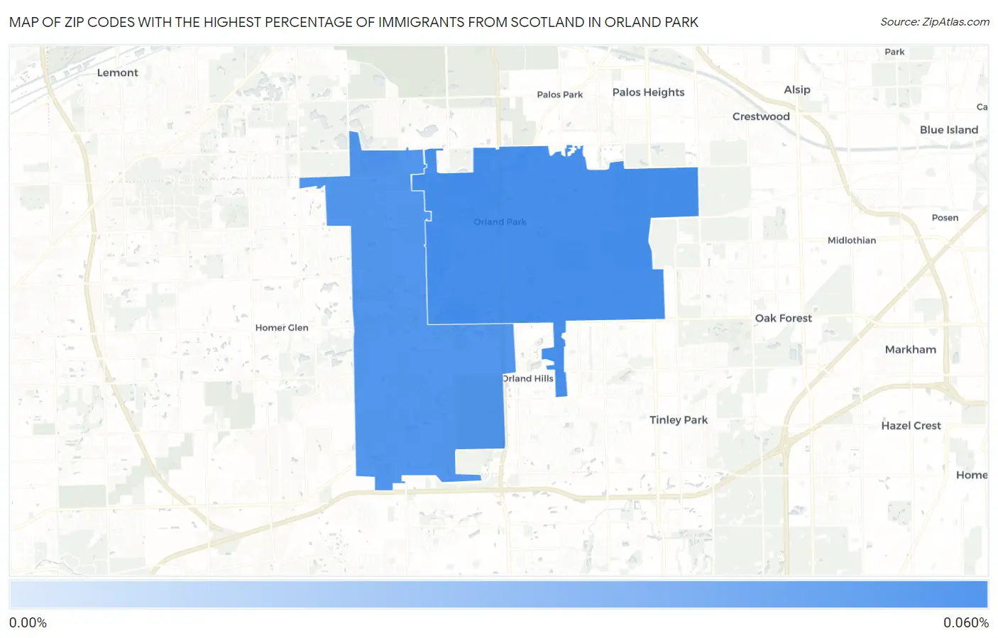 Zip Codes with the Highest Percentage of Immigrants from Scotland in Orland Park Map