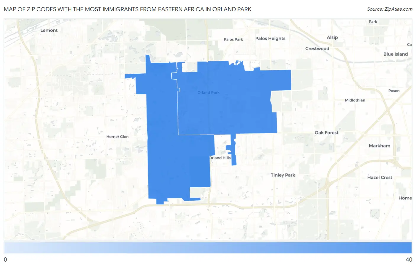 Zip Codes with the Most Immigrants from Eastern Africa in Orland Park Map