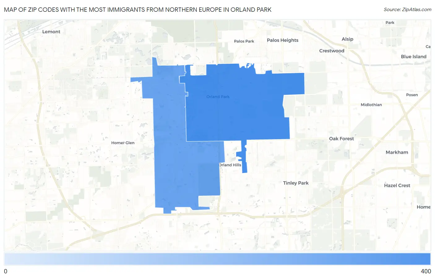 Zip Codes with the Most Immigrants from Northern Europe in Orland Park Map