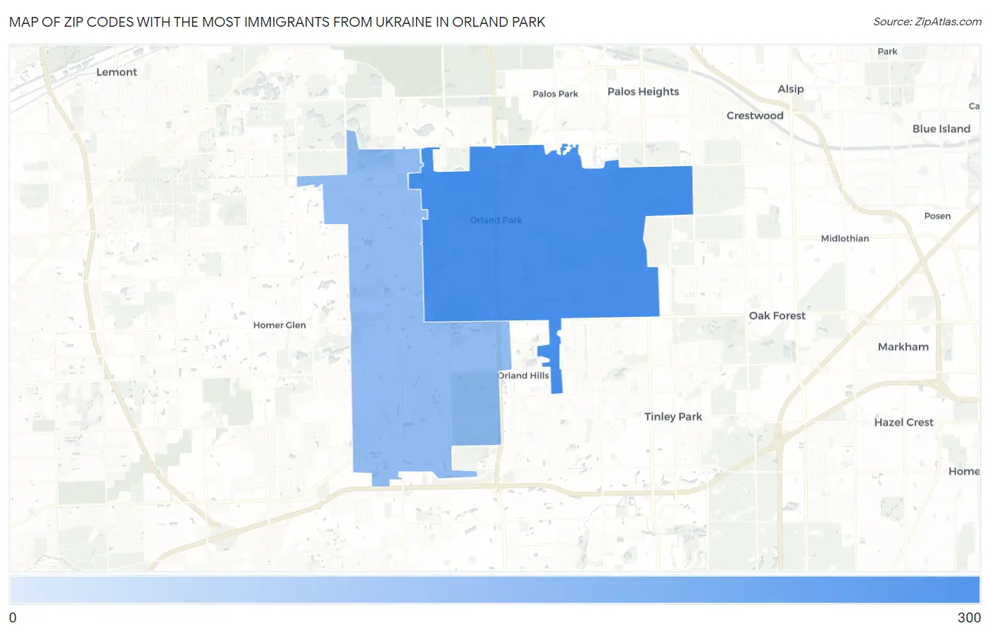 Zip Codes with the Most Immigrants from Ukraine in Orland Park Map