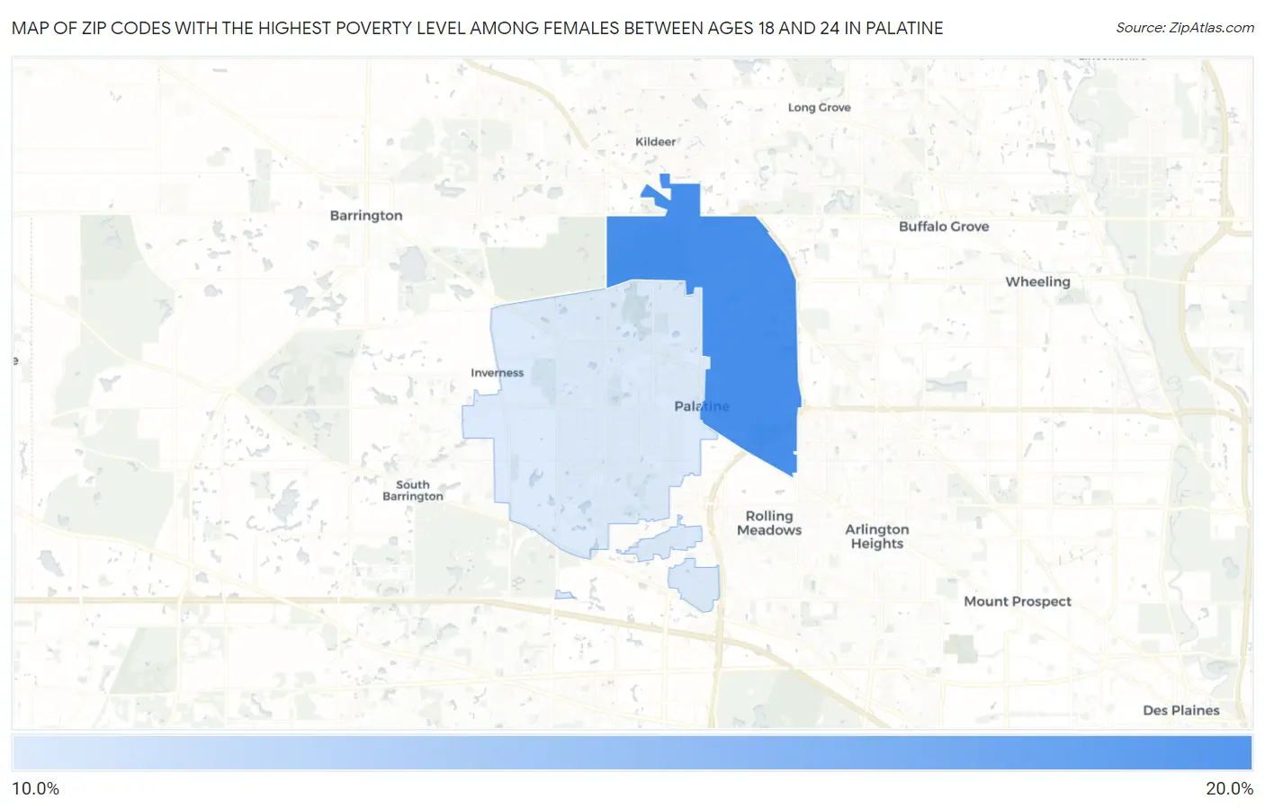 Zip Codes with the Highest Poverty Level Among Females Between Ages 18 and 24 in Palatine Map