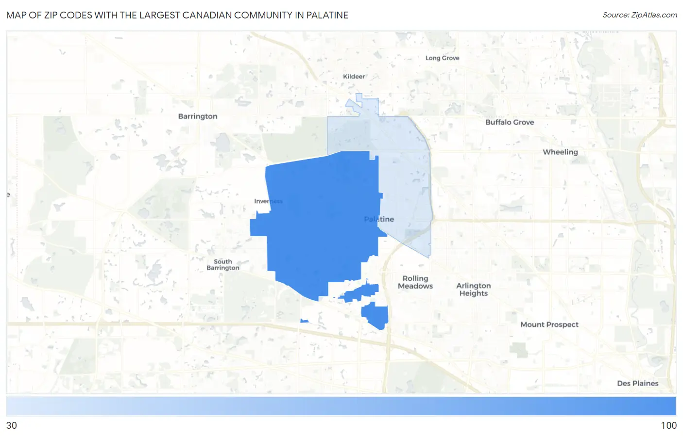Zip Codes with the Largest Canadian Community in Palatine Map