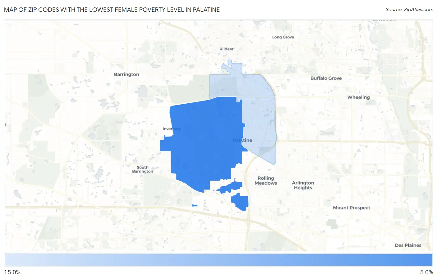 Zip Codes with the Lowest Female Poverty Level in Palatine Map
